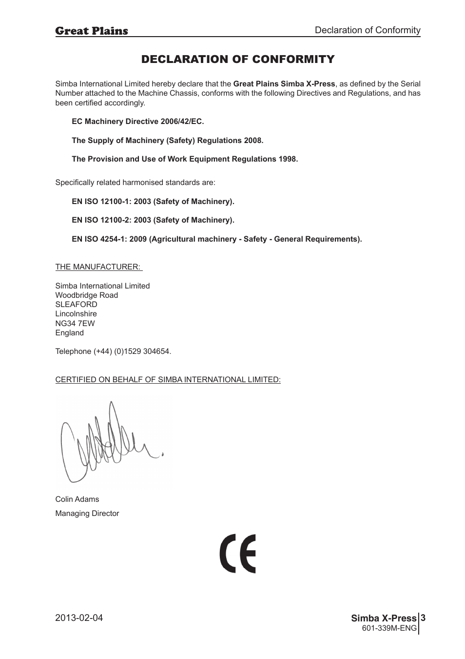 Declaration of conformity | Great Plains Simba X-Press Operator Manual User Manual | Page 3 / 42