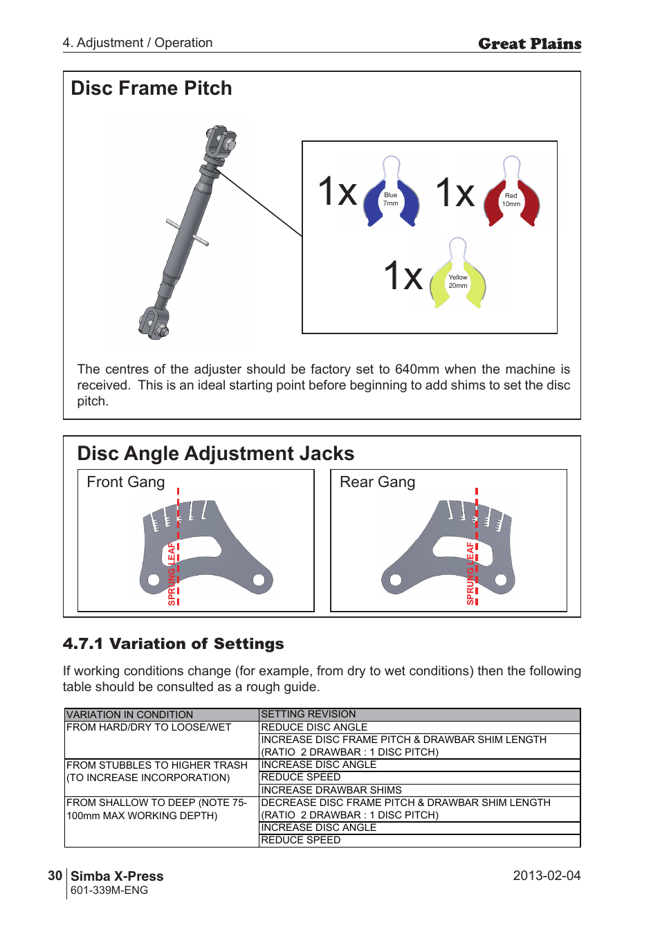 Disc frame pitch, Disc angle adjustment jacks, 1 variation of settings | Front gang rear gang | Great Plains Simba X-Press Operator Manual User Manual | Page 30 / 42