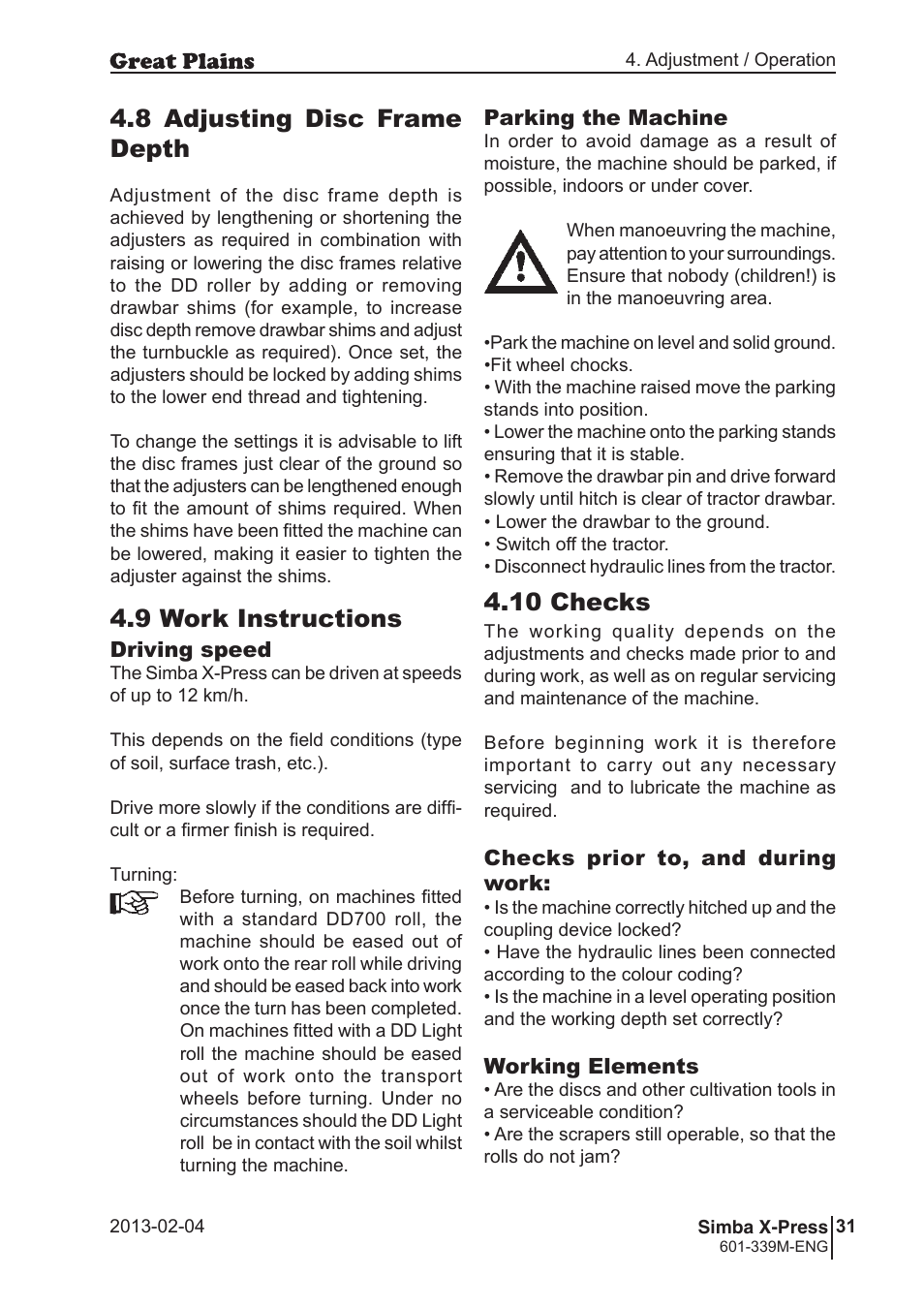 9 work instructions, 10 checks, 8 adjusting disc frame depth | Great Plains Simba X-Press Operator Manual User Manual | Page 31 / 42