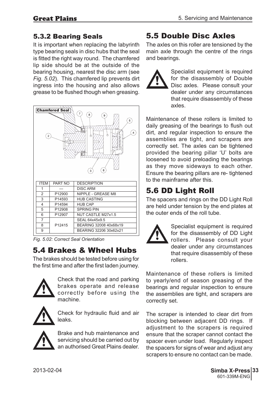 5 double disc axles, 6 dd light roll, 4 brakes & wheel hubs | 2 bearing seals | Great Plains Simba X-Press Operator Manual User Manual | Page 33 / 42