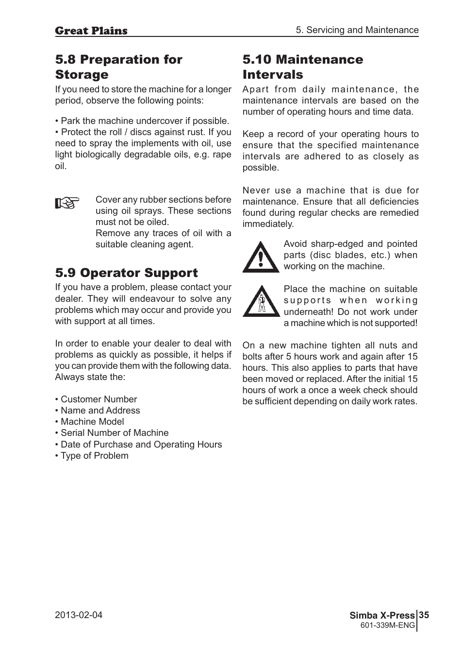9 operator support, 8 preparation for storage, 10 maintenance intervals | Great Plains Simba X-Press Operator Manual User Manual | Page 35 / 42