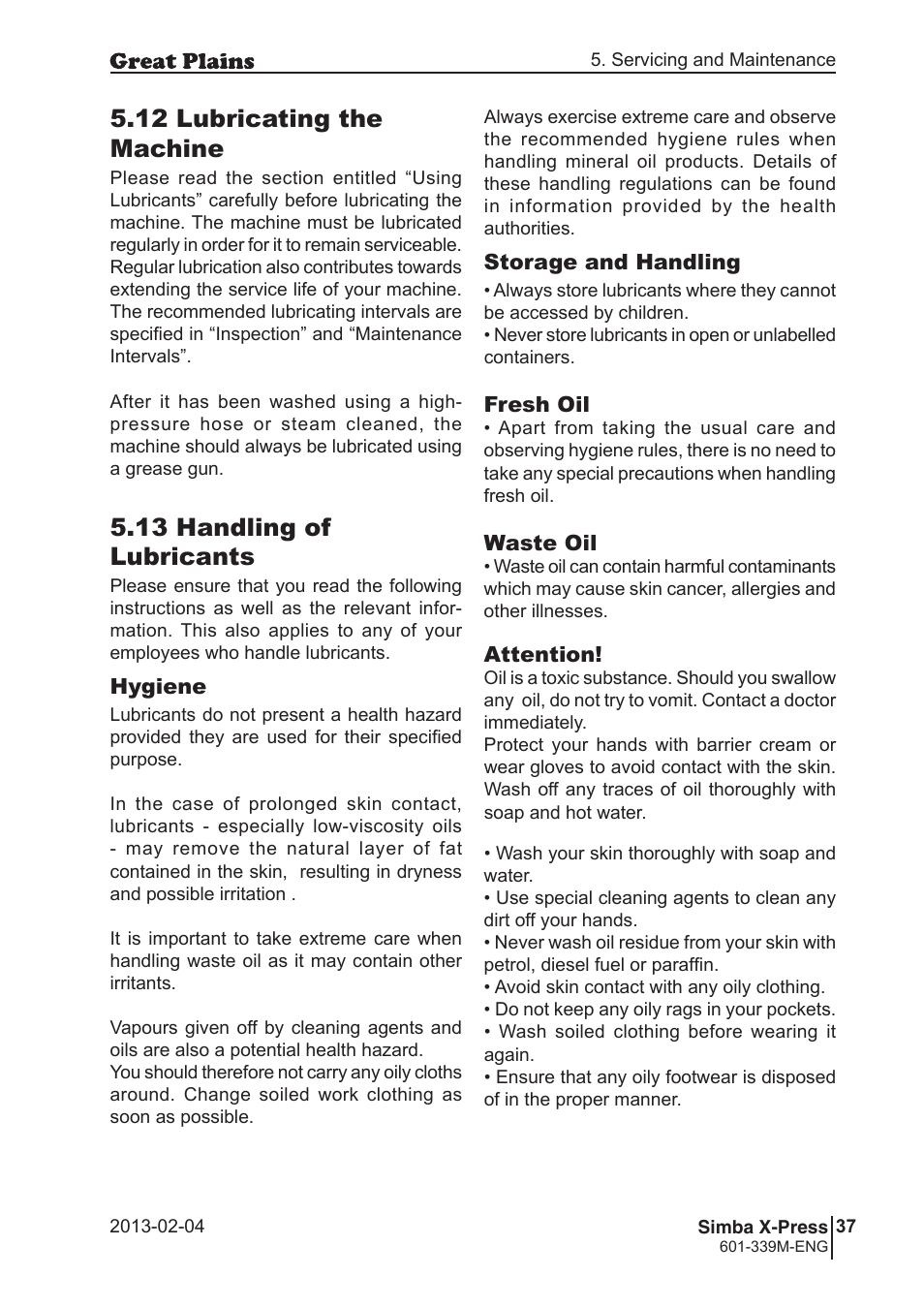 12 lubricating the machine, 13 handling of lubricants | Great Plains Simba X-Press Operator Manual User Manual | Page 37 / 42
