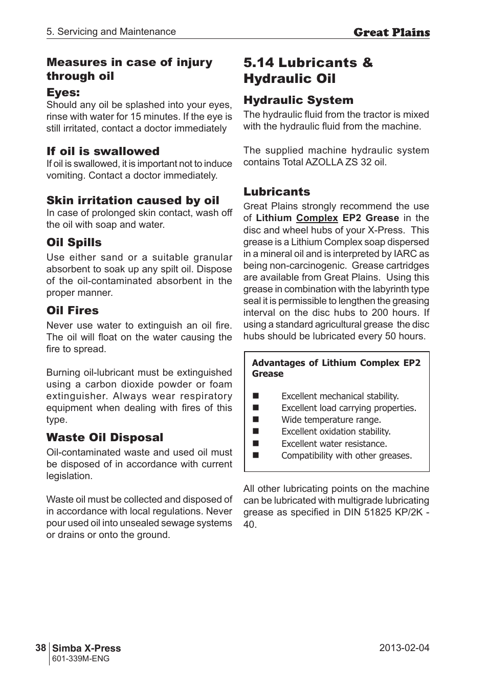 14 lubricants & hydraulic oil | Great Plains Simba X-Press Operator Manual User Manual | Page 38 / 42