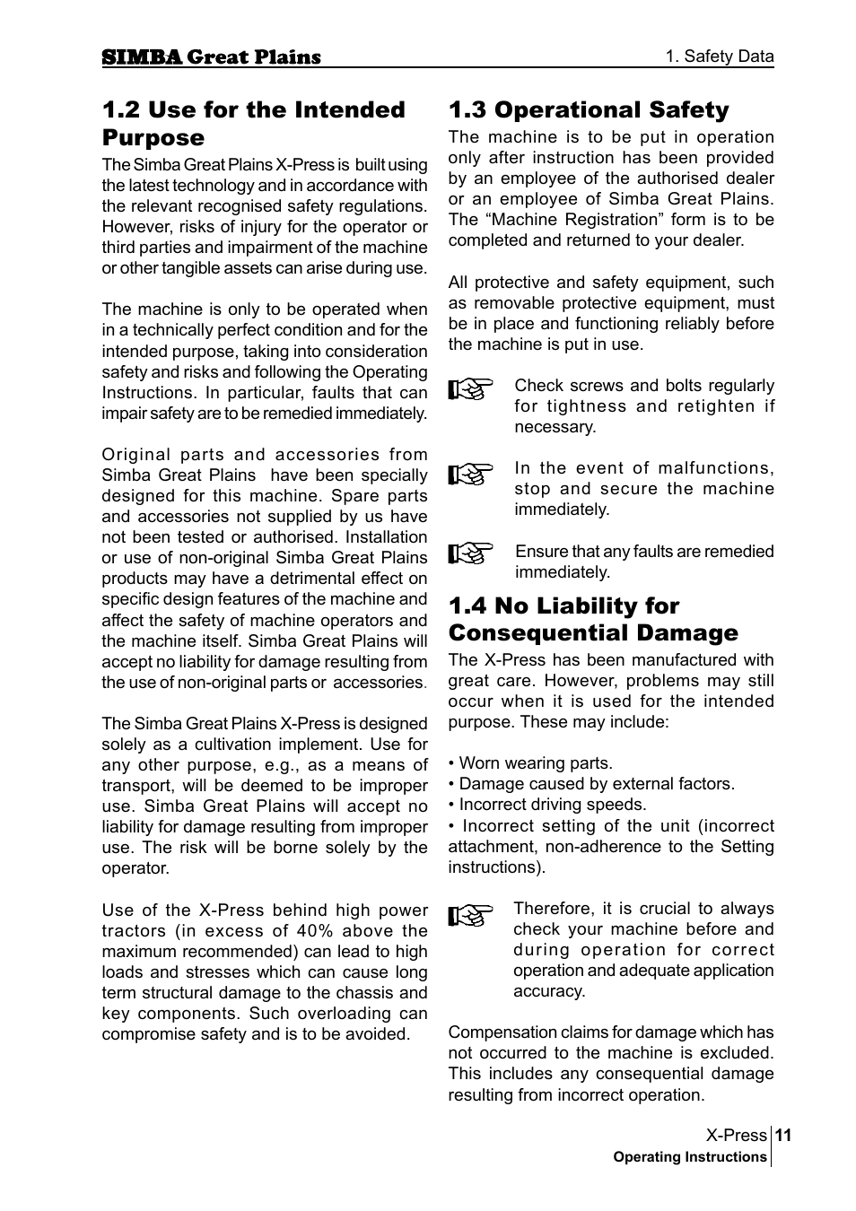 3 operational safety, 4 no liability for consequential damage, 2 use for the intended purpose | Great Plains P17917B Operator Manual User Manual | Page 11 / 136