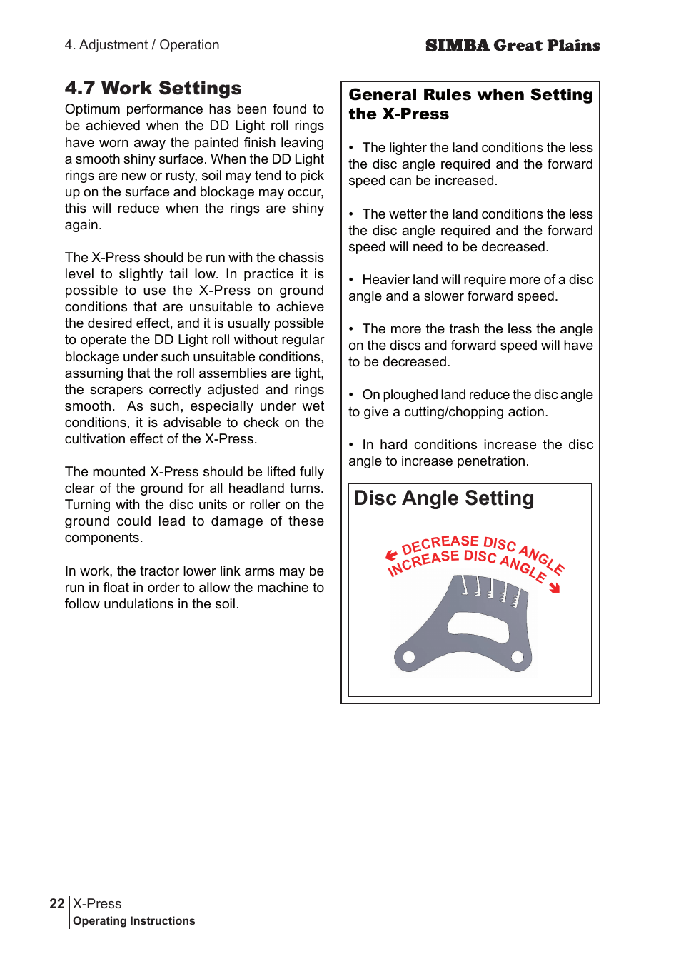 Disc angle setting, 7 work settings | Great Plains P17917B Operator Manual User Manual | Page 22 / 136