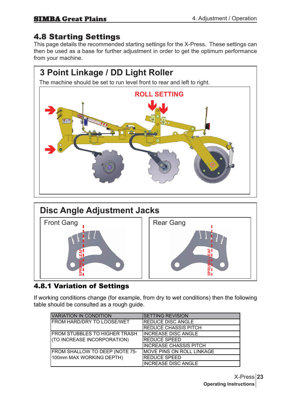 Вв в, Disc angle adjustment jacks, 3 point linkage / dd light roller | 8 starting settings | Great Plains P17917B Operator Manual User Manual | Page 23 / 136