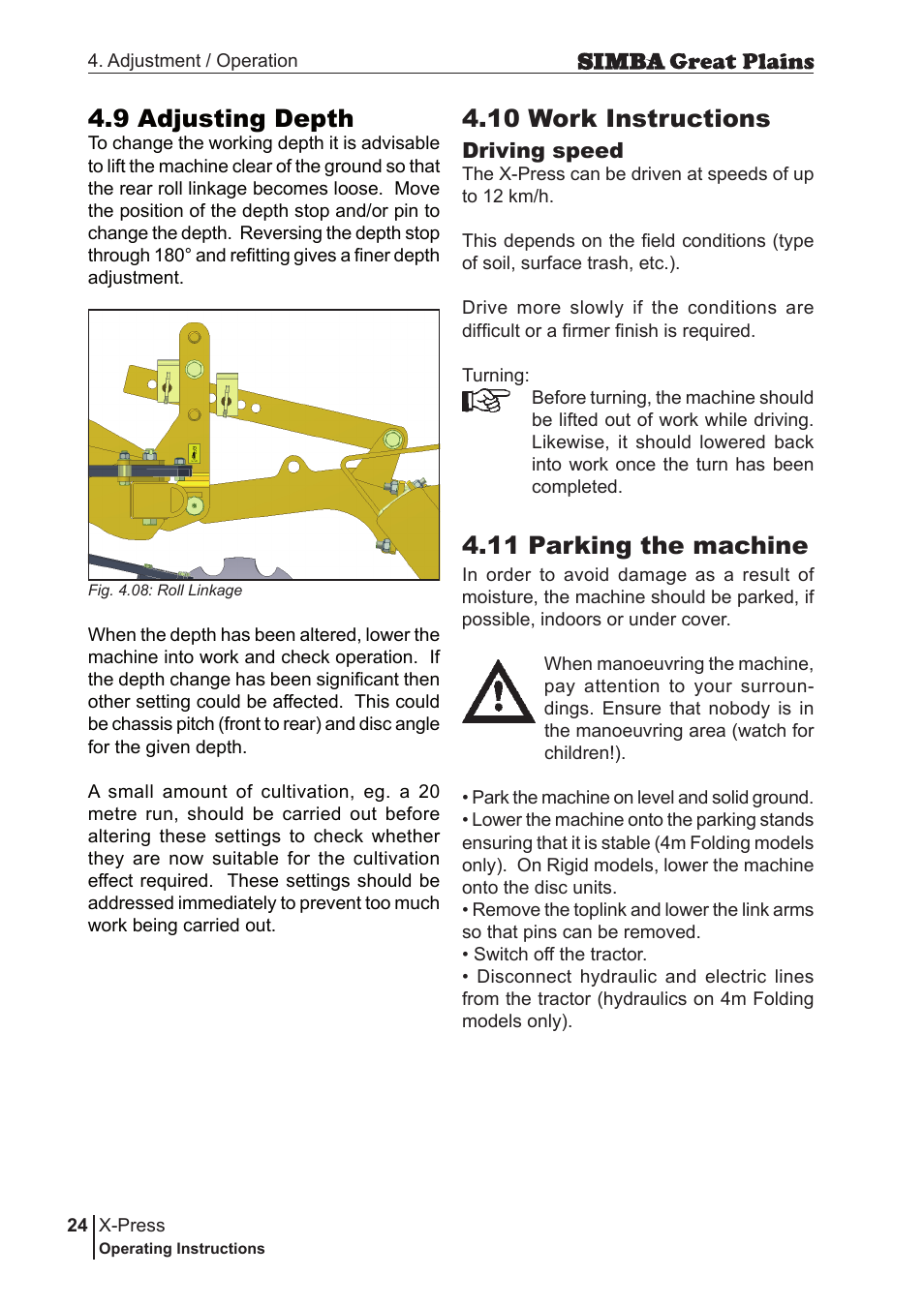 9 adjusting depth, 10 work instructions, 11 parking the machine | Great Plains P17917B Operator Manual User Manual | Page 24 / 136