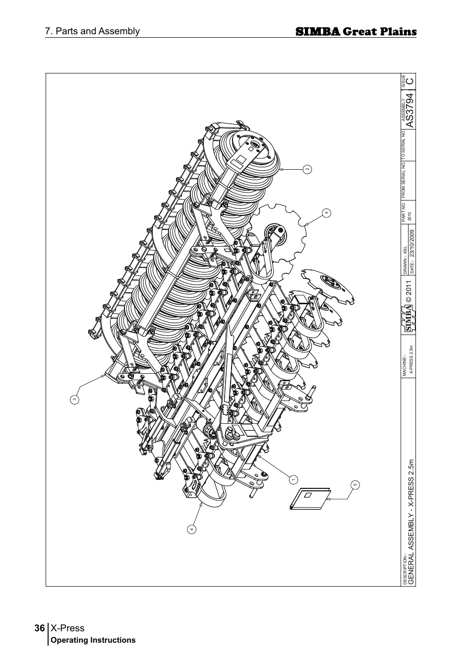 X-press, 36 7. parts and assembly, Cas 37 94 | Operating instructions, Si m b a | Great Plains P17917B Operator Manual User Manual | Page 36 / 136