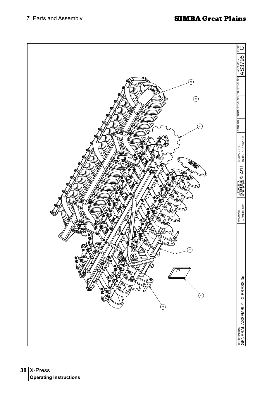 X-press, 38 7. parts and assembly, Cas 37 95 | Operating instructions, Si m b a | Great Plains P17917B Operator Manual User Manual | Page 38 / 136