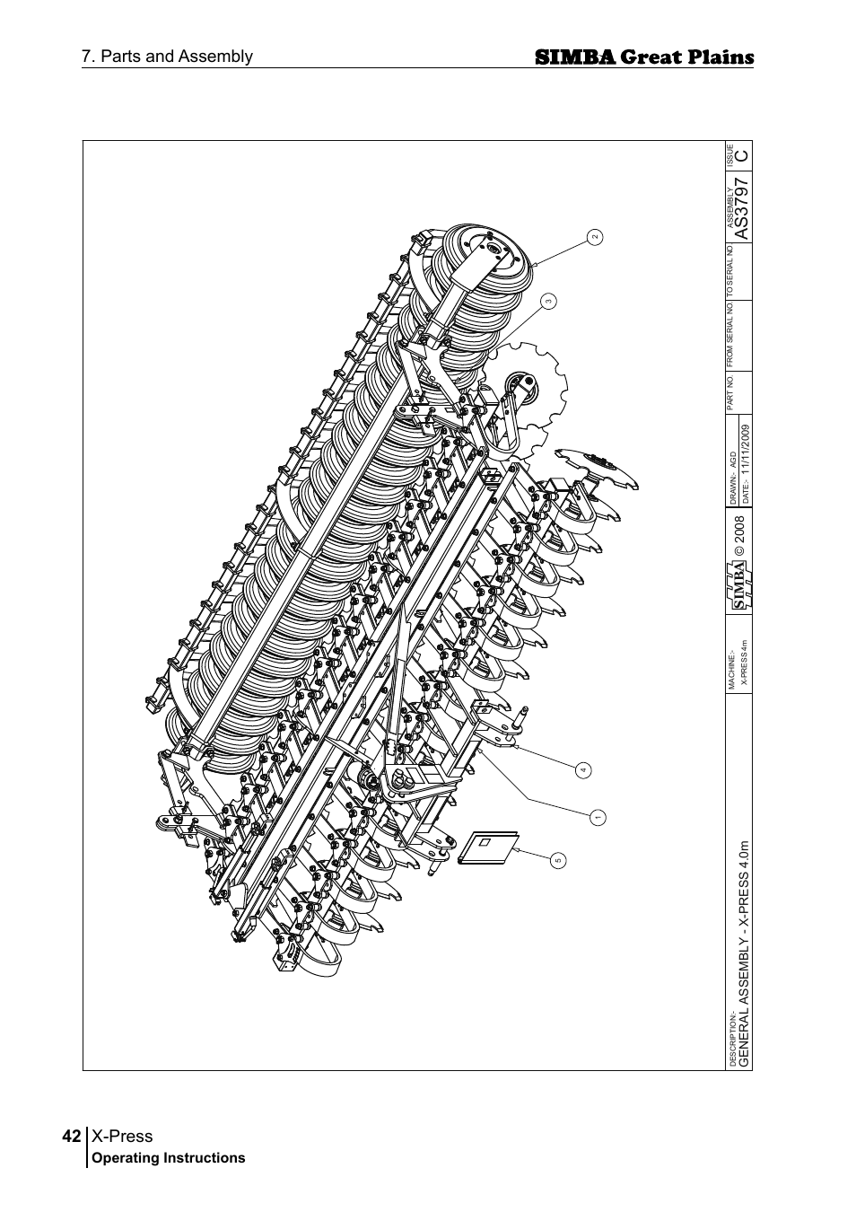 X-press, 42 7. parts and assembly, Cas 37 97 | Operating instructions, Si m b a, Gen er al a ss em bl y - x -p r es s 4. 0m | Great Plains P17917B Operator Manual User Manual | Page 42 / 136