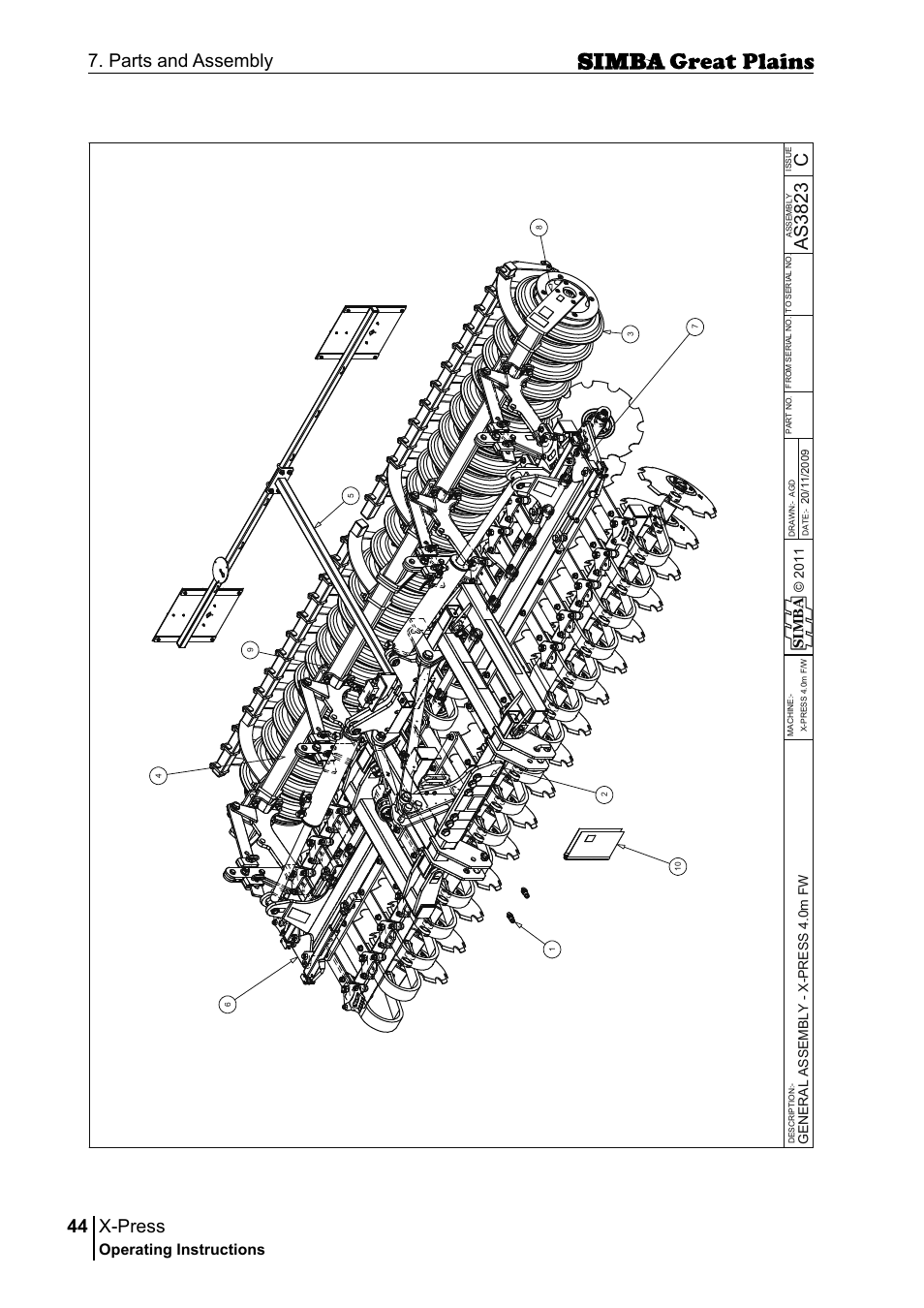 X-press, 44 7. parts and assembly, Cas 38 23 | Operating instructions, Si m b a, Gen er al a ss em bl y - x -p r es s 4. 0m f w | Great Plains P17917B Operator Manual User Manual | Page 44 / 136