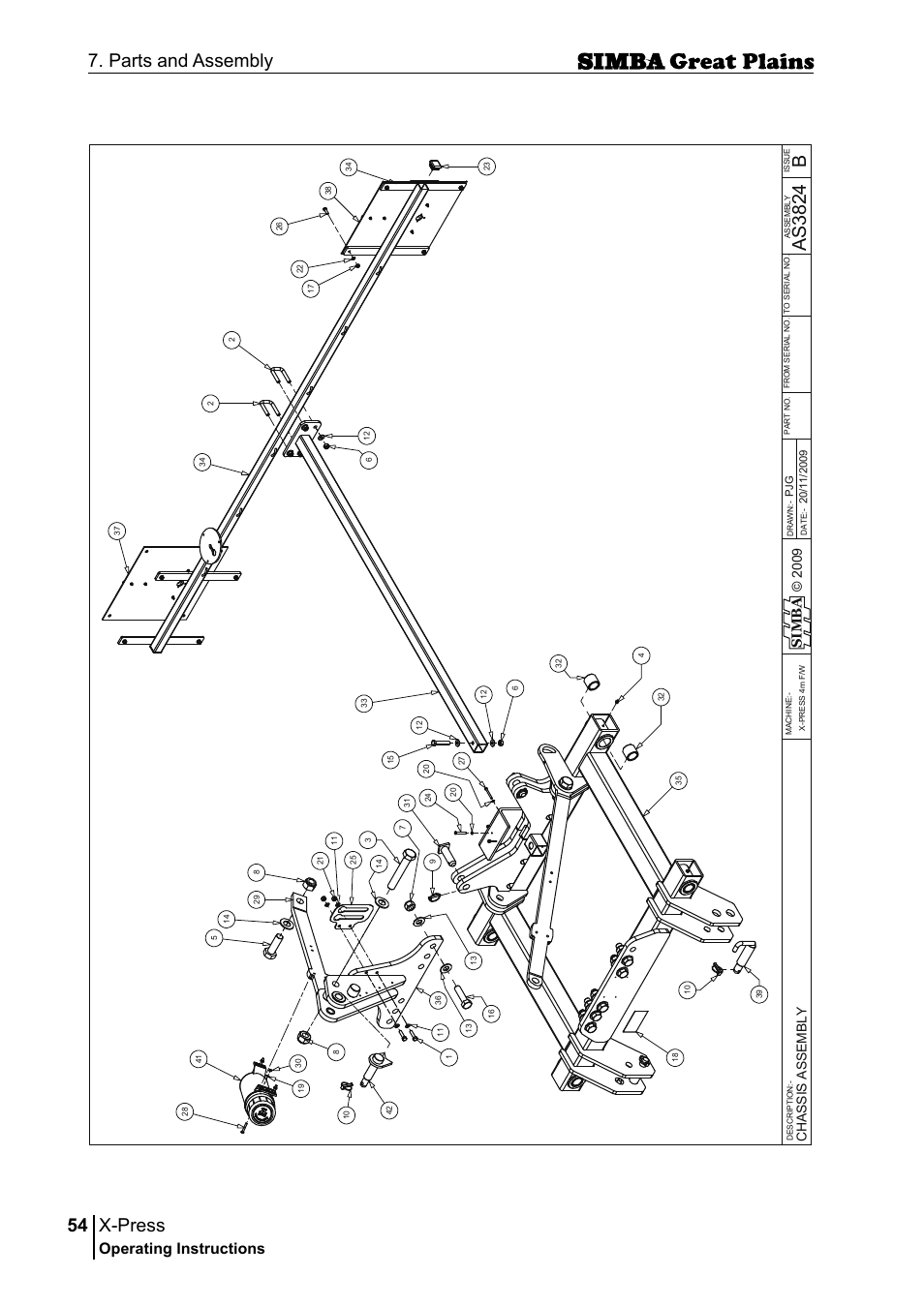 X-press, 54 7. parts and assembly, Bas 38 24 | Operating instructions, Si m b a, Ch as si s as se m bl y | Great Plains P17917B Operator Manual User Manual | Page 54 / 136