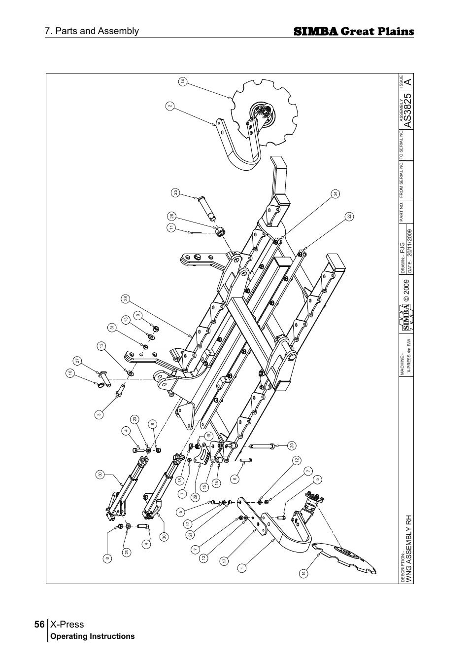 X-press, 56 7. parts and assembly, Aas 38 25 | Operating instructions, 2 00 9 si m b a, Wn g a ss em bl y r h | Great Plains P17917B Operator Manual User Manual | Page 56 / 136