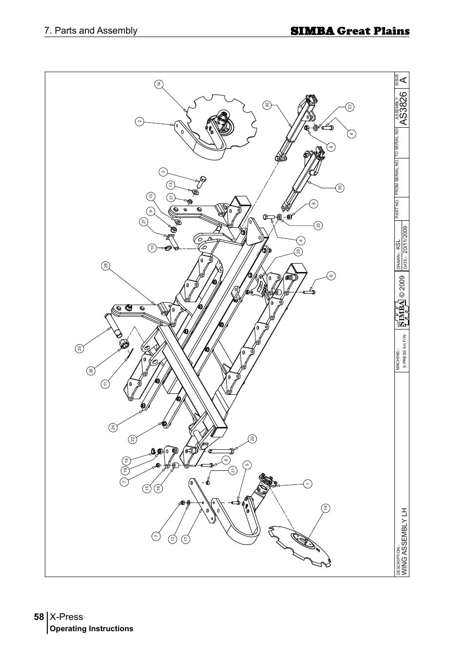 X-press, 58 7. parts and assembly, Aas 38 26 | Operating instructions, 2 00 9 si m b a, Win g a ss em bl y lh | Great Plains P17917B Operator Manual User Manual | Page 58 / 136