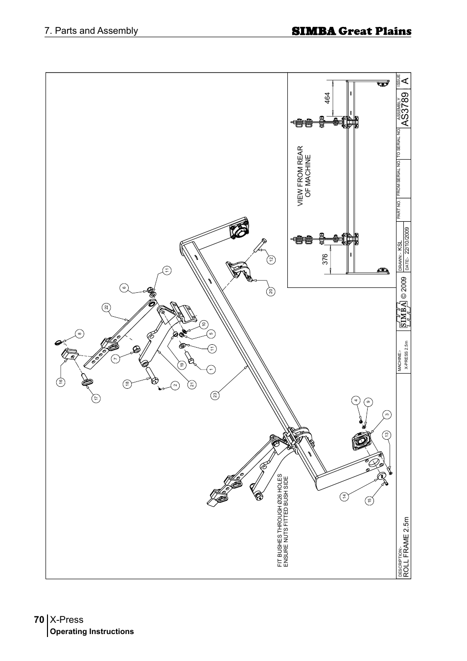 X-press, 70 7. parts and assembly, Aas 37 89 | Operating instructions, 2 00 9 s im b a | Great Plains P17917B Operator Manual User Manual | Page 70 / 136