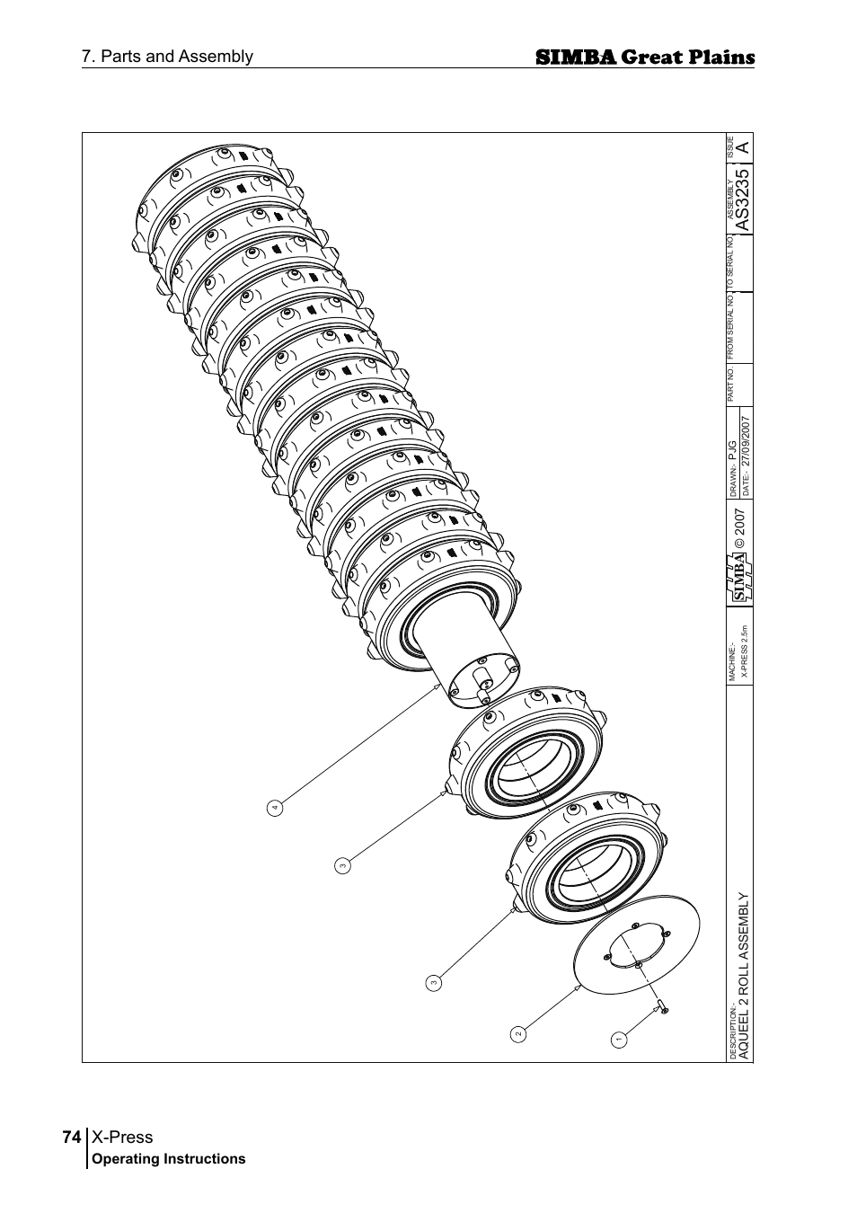 X-press, 74 7. parts and assembly, Aas 32 35 | Operating instructions, Si m b a, Aq u ee l 2 r o ll a ss em bl y | Great Plains P17917B Operator Manual User Manual | Page 74 / 136