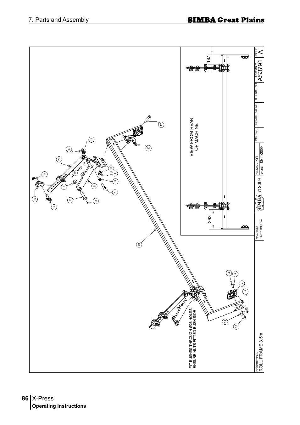 X-press, 86 7. parts and assembly, Aas 37 91 | Operating instructions, 2 00 9 s im b a | Great Plains P17917B Operator Manual User Manual | Page 86 / 136