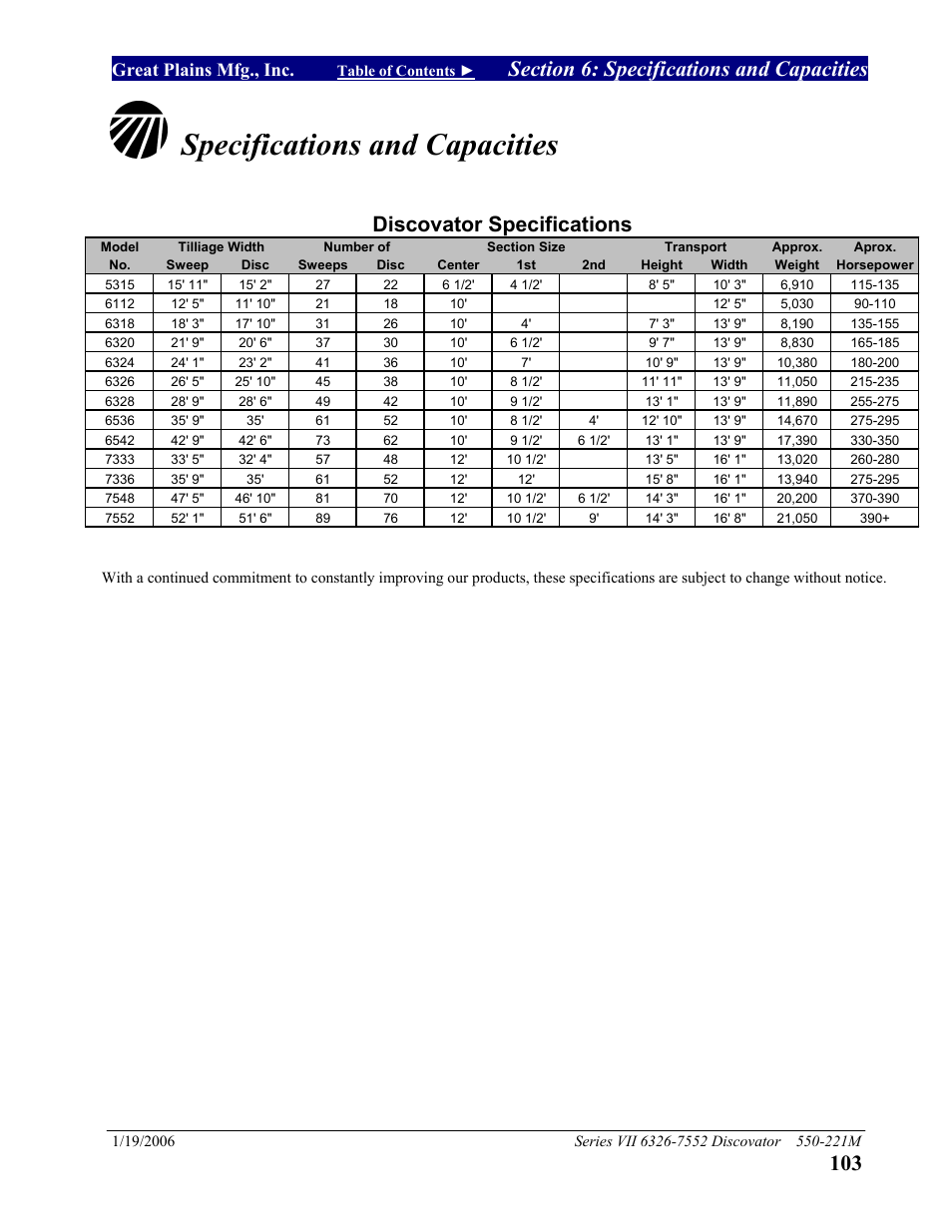 Section 6: specifications and capacities, Section 6 specification and capacities, Specifications and capacities | Discovator specifications, Great plains mfg., inc | Great Plains 7552 Series VII Operator Manual User Manual | Page 107 / 109