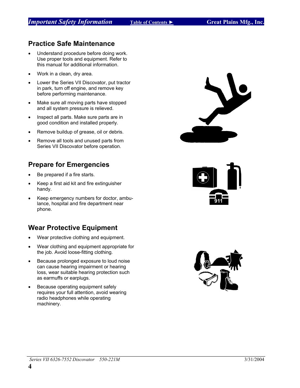 Important safety information, Practice safe maintenance, Prepare for emergencies | Wear protective equipment | Great Plains 7552 Series VII Operator Manual User Manual | Page 8 / 109