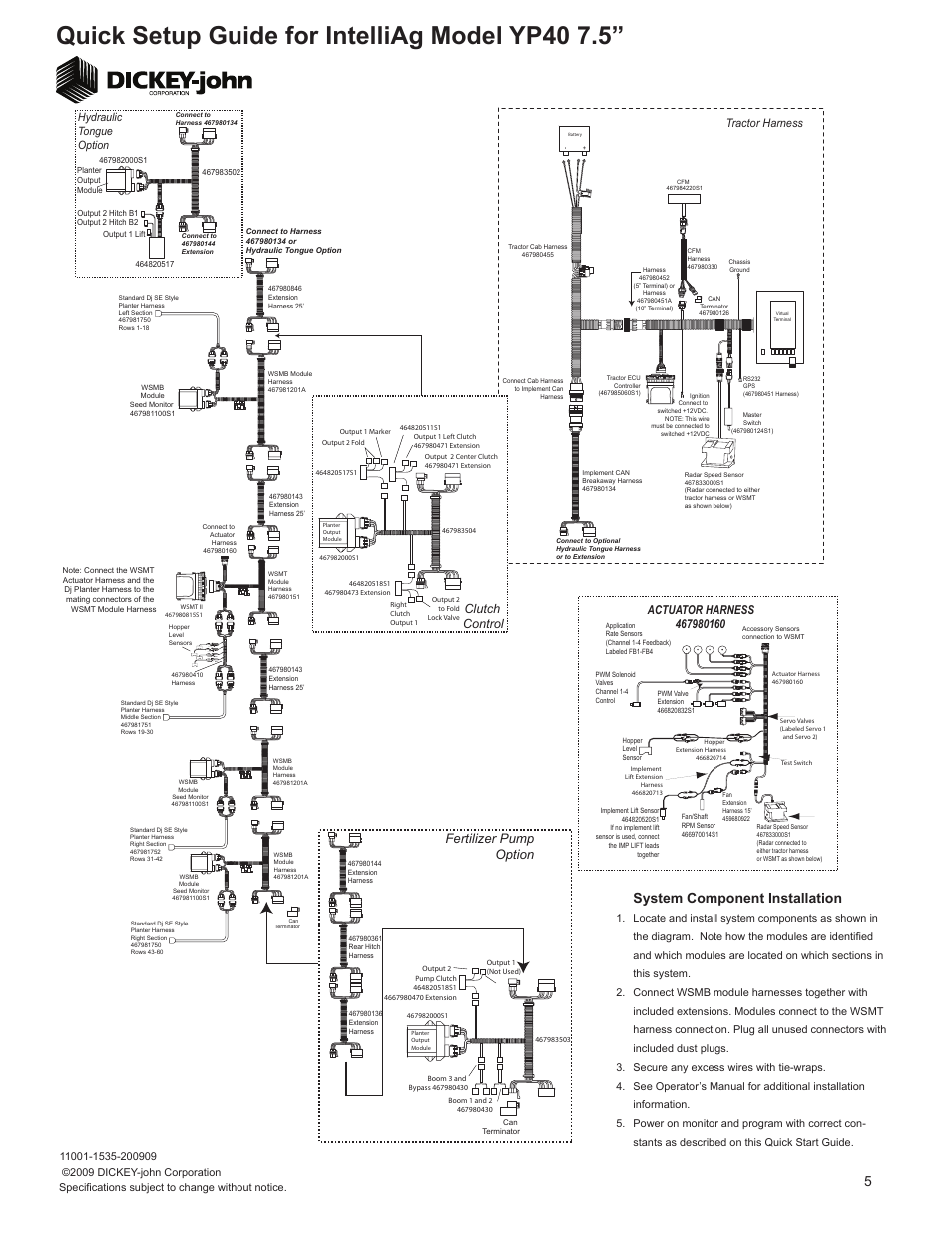 Quick setup guide for intelliag model yp40 7.5, System component installation, Fertilizer pump option | Clutch control, Tractor harness, Hydraulic tongue option | Great Plains YP4010HDP-6075 60 Row 7 1-2 -Inch Quick Start User Manual | Page 5 / 5
