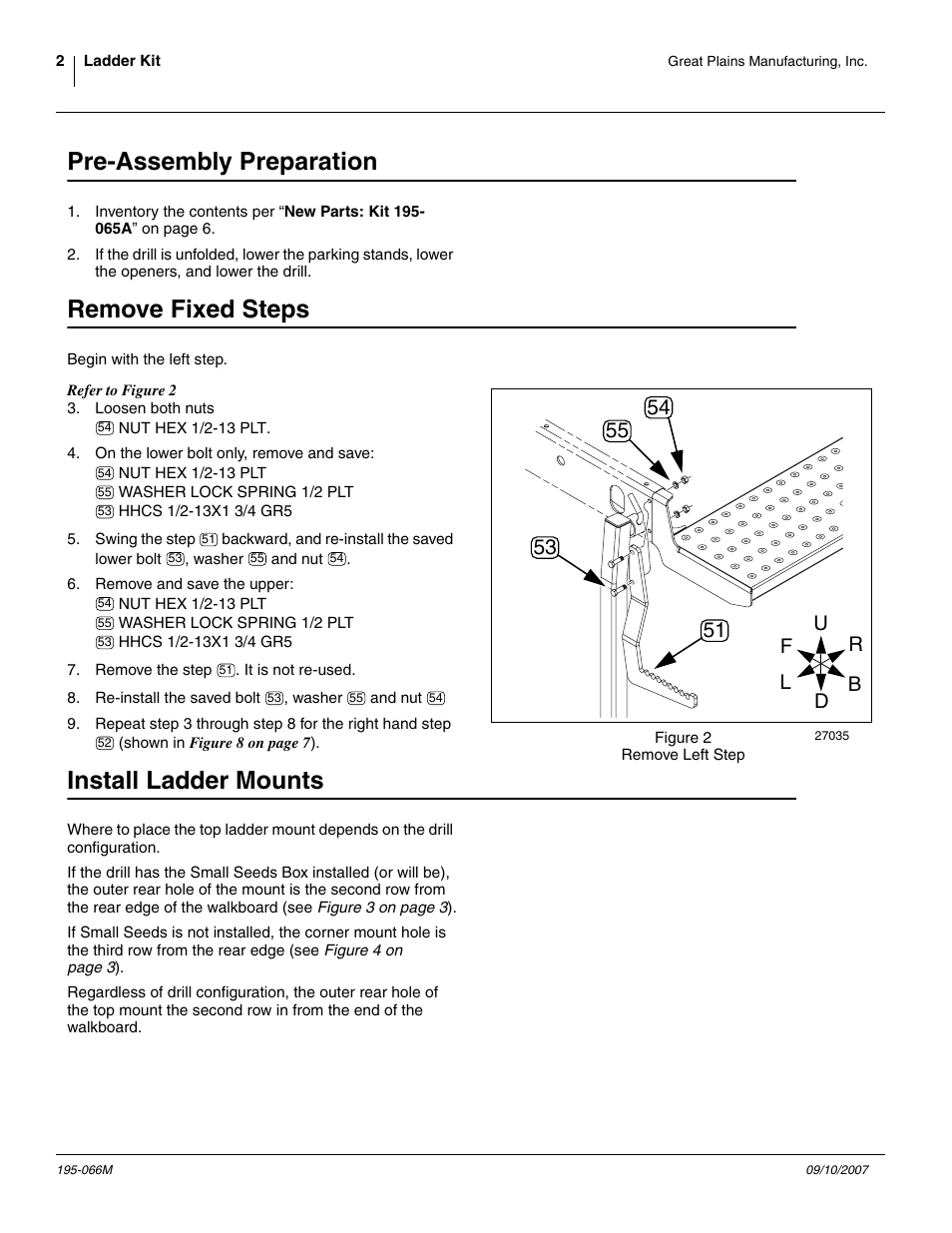 Pre-assembly preparation, Remove fixed steps, Install ladder mounts | Great Plains Min-Till Ladder Kit Assembly Instructions User Manual | Page 2 / 8
