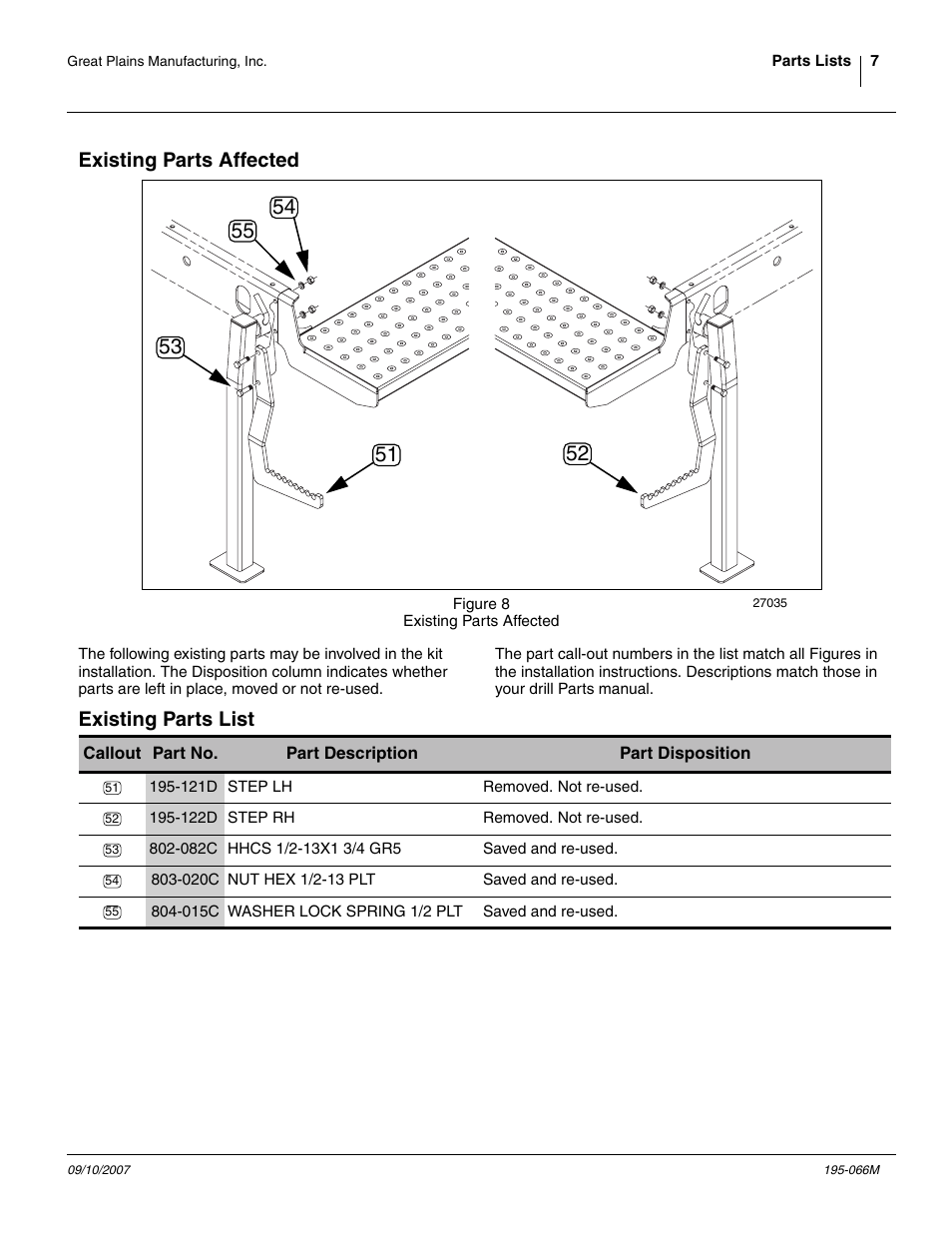 Existing parts affected, Existing parts list, Nut hex 1/2-13 plt | And n, It is not re-used | Great Plains Min-Till Ladder Kit Assembly Instructions User Manual | Page 7 / 8