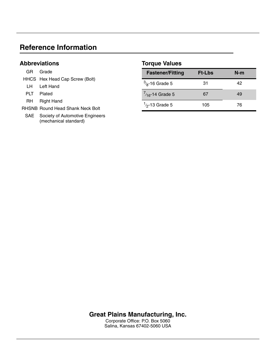 Reference information, Abbreviations, Torque values | Great plains manufacturing, inc, Abbreviations torque values | Great Plains Min-Till Ladder Kit Assembly Instructions User Manual | Page 8 / 8