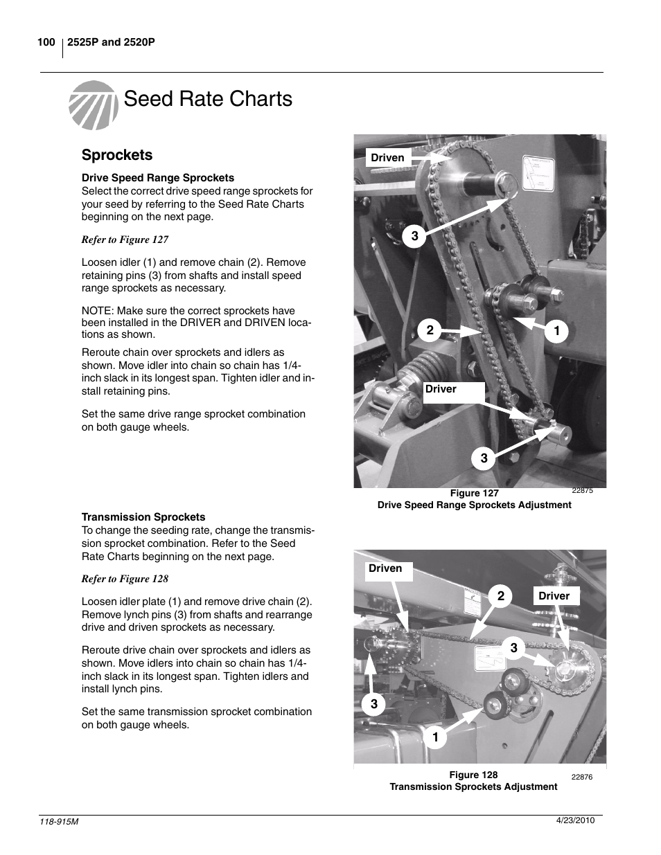 Seed rate charts, Sprockets | Great Plains 2525P Operator Manual User Manual | Page 102 / 159