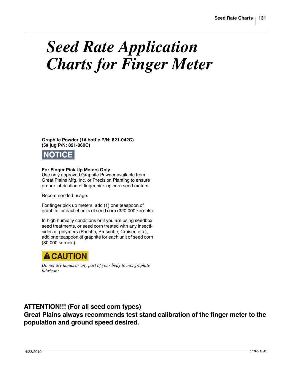 Seed rate application charts for finger meter | Great Plains 2525P Operator Manual User Manual | Page 133 / 159