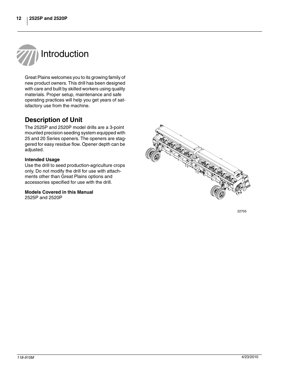 Introduction, Description of unit | Great Plains 2525P Operator Manual User Manual | Page 14 / 159