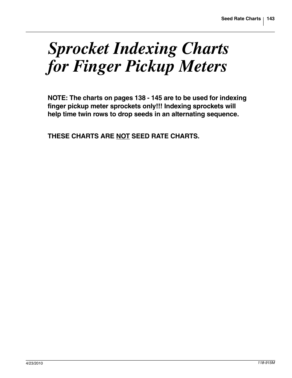 Sprocket indexing charts for finger pickup meters | Great Plains 2525P Operator Manual User Manual | Page 145 / 159