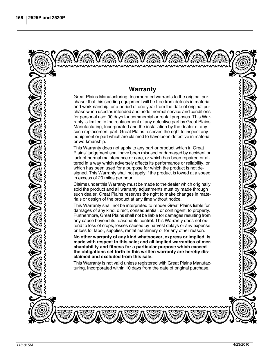 Warranty | Great Plains 2525P Operator Manual User Manual | Page 158 / 159