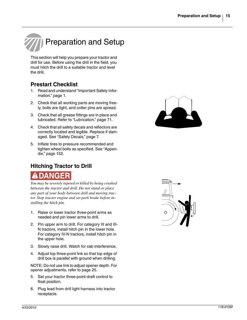 Preparation and setup, Prestart checklist, Hitching tractor to drill | Great Plains 2525P Operator Manual User Manual | Page 17 / 159