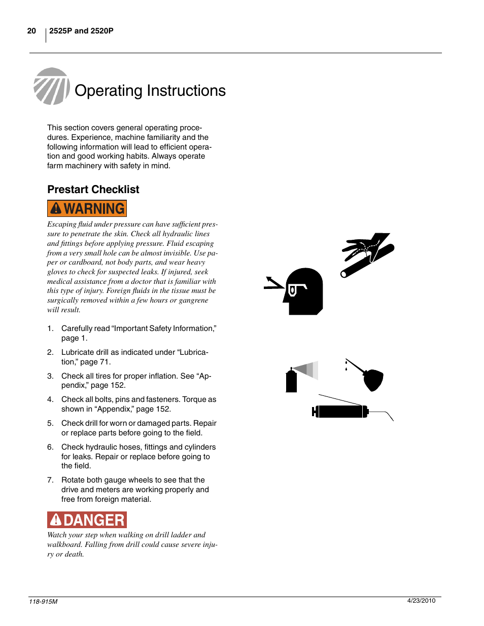 Operating instructions, Prestart checklist | Great Plains 2525P Operator Manual User Manual | Page 22 / 159