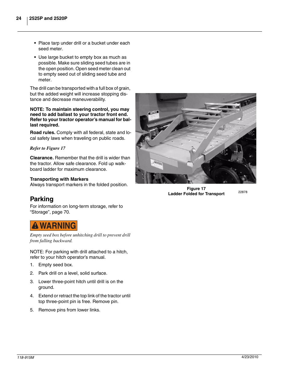 Parking | Great Plains 2525P Operator Manual User Manual | Page 26 / 159