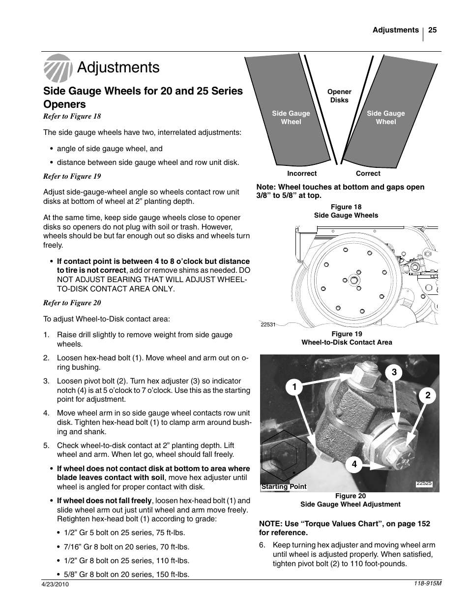Adjustments, Side gauge wheels for 20 and 25 series openers | Great Plains 2525P Operator Manual User Manual | Page 27 / 159