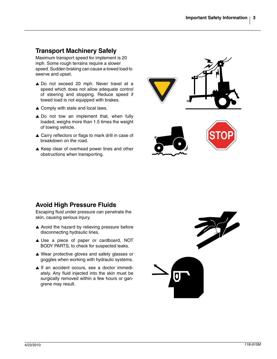 Transport machinery safely, Avoid high pressure fluids | Great Plains 2525P Operator Manual User Manual | Page 5 / 159