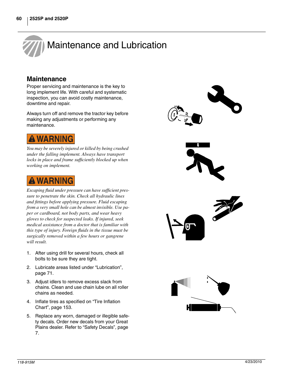 Maintenance and lubrication, Maintenance | Great Plains 2525P Operator Manual User Manual | Page 62 / 159
