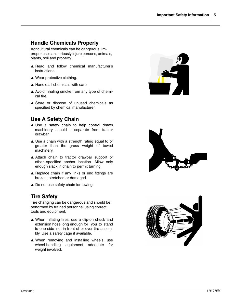 Handle chemicals properly, Use a safety chain, Tire safety | Great Plains 2525P Operator Manual User Manual | Page 7 / 159