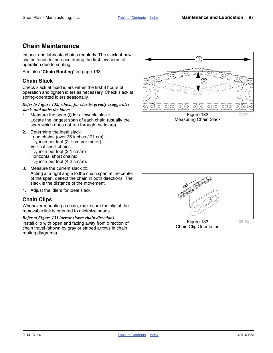 Chain maintenance, Chain slack, Chain clips | Great Plains YP2425F-2470 Operator Manual User Manual | Page 101 / 162