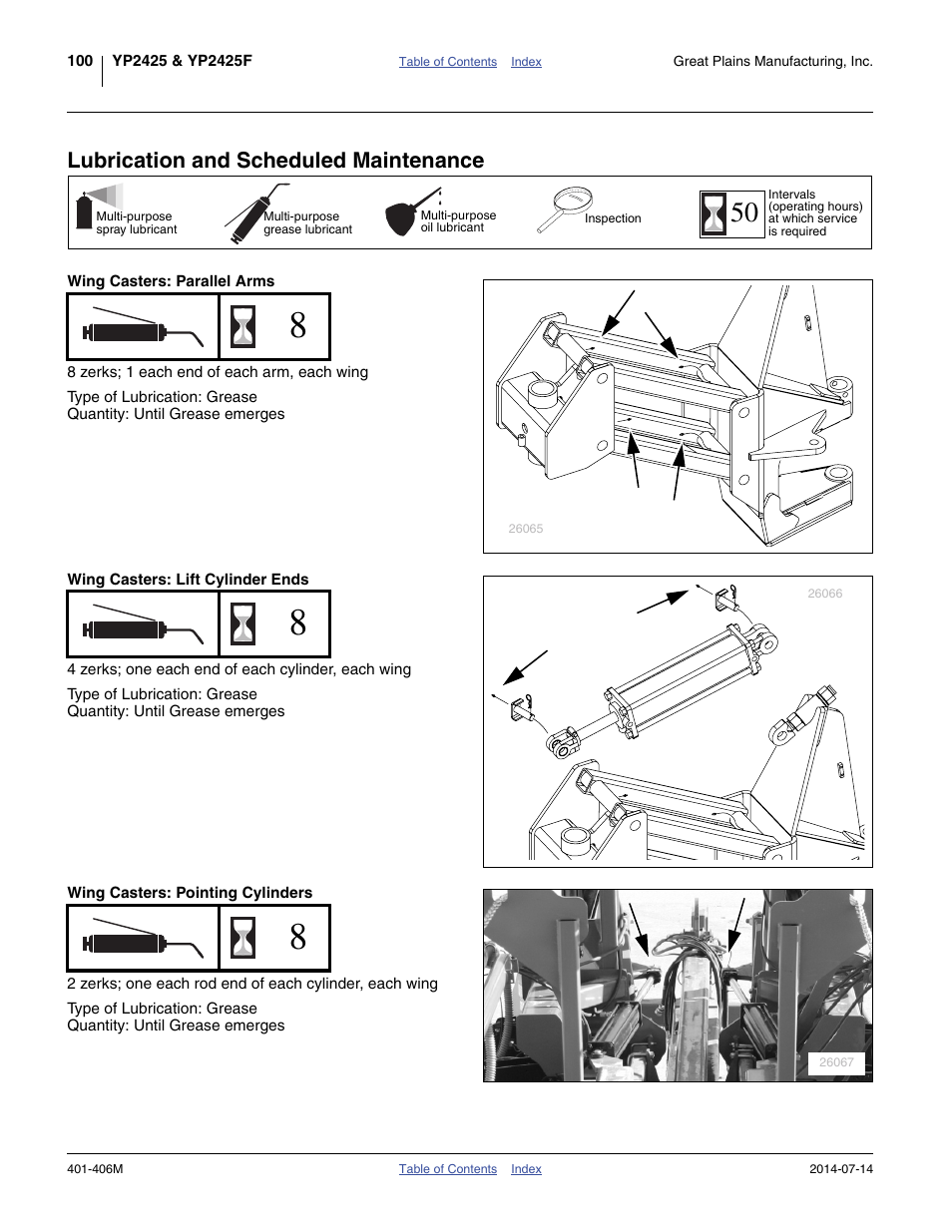 Lubrication and scheduled maintenance, Wing casters: parallel arms, Wing casters: lift cylinder ends | Wing casters: pointing cylinders, Icate planter as indicated under “ lubrication | Great Plains YP2425F-2470 Operator Manual User Manual | Page 104 / 162