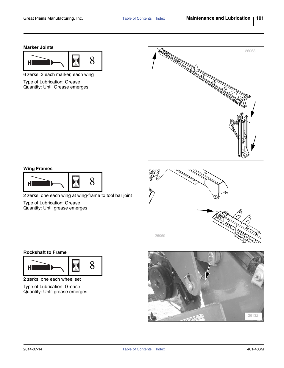 Marker joints, Wing frames, Rockshaft to frame | Great Plains YP2425F-2470 Operator Manual User Manual | Page 105 / 162