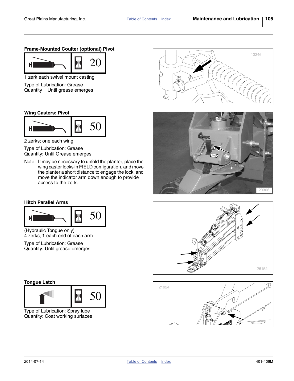 Frame-mounted coulter (optional) pivot, Wing casters: pivot, Hitch parallel arms | Tongue latch | Great Plains YP2425F-2470 Operator Manual User Manual | Page 109 / 162