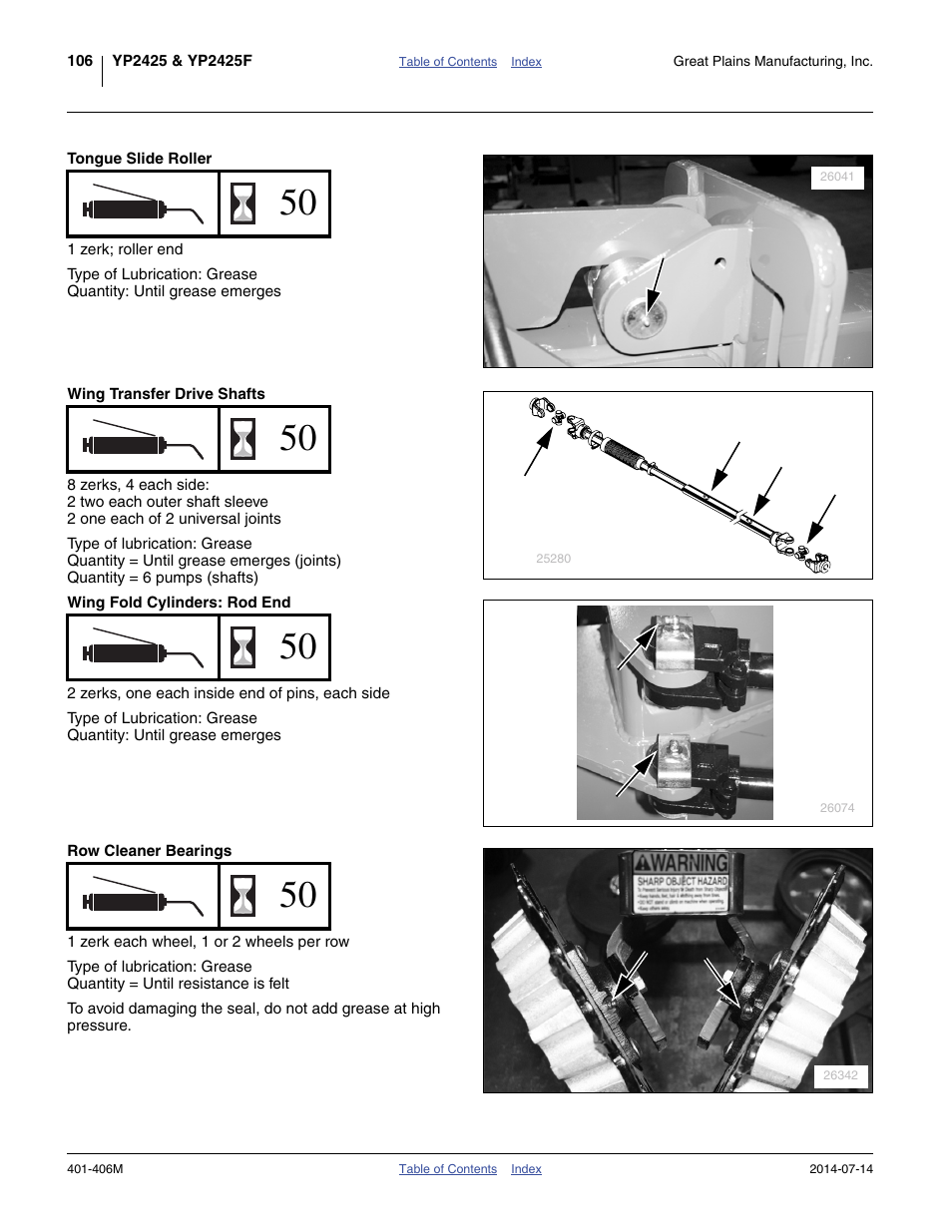 Tongue slide roller, Wing transfer drive shafts, Wing fold cylinders: rod end | Row cleaner bearings | Great Plains YP2425F-2470 Operator Manual User Manual | Page 110 / 162