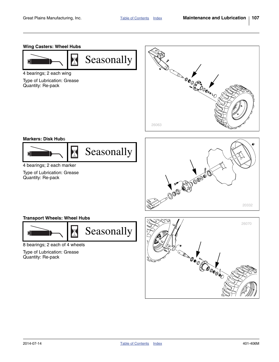 Wing casters: wheel hubs, Markers: disk hubs, Transport wheels: wheel hubs | Seasonally | Great Plains YP2425F-2470 Operator Manual User Manual | Page 111 / 162