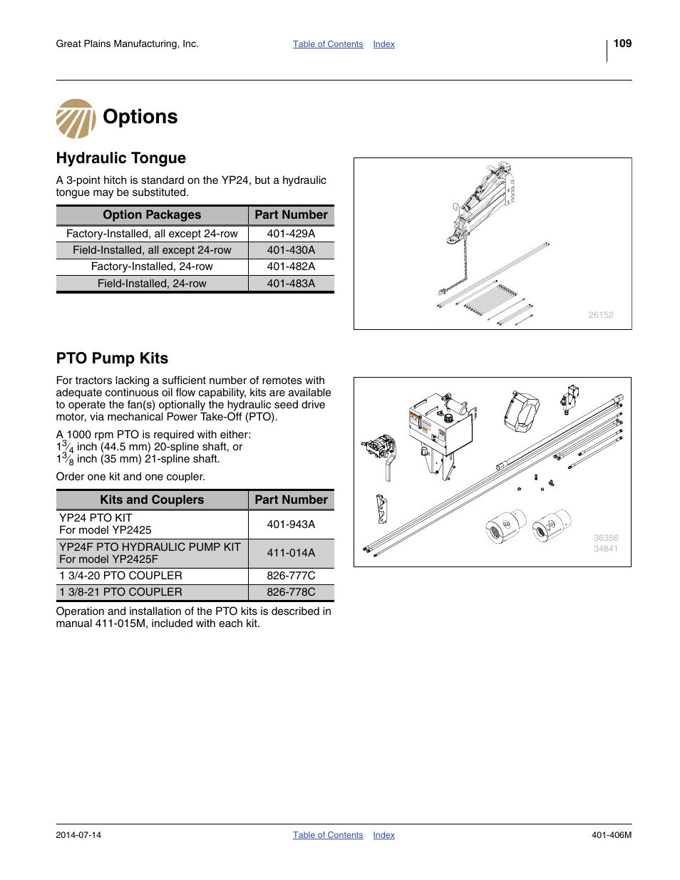 Options, Hydraulic tongue, Pto pump kits | Great Plains YP2425F-2470 Operator Manual User Manual | Page 113 / 162