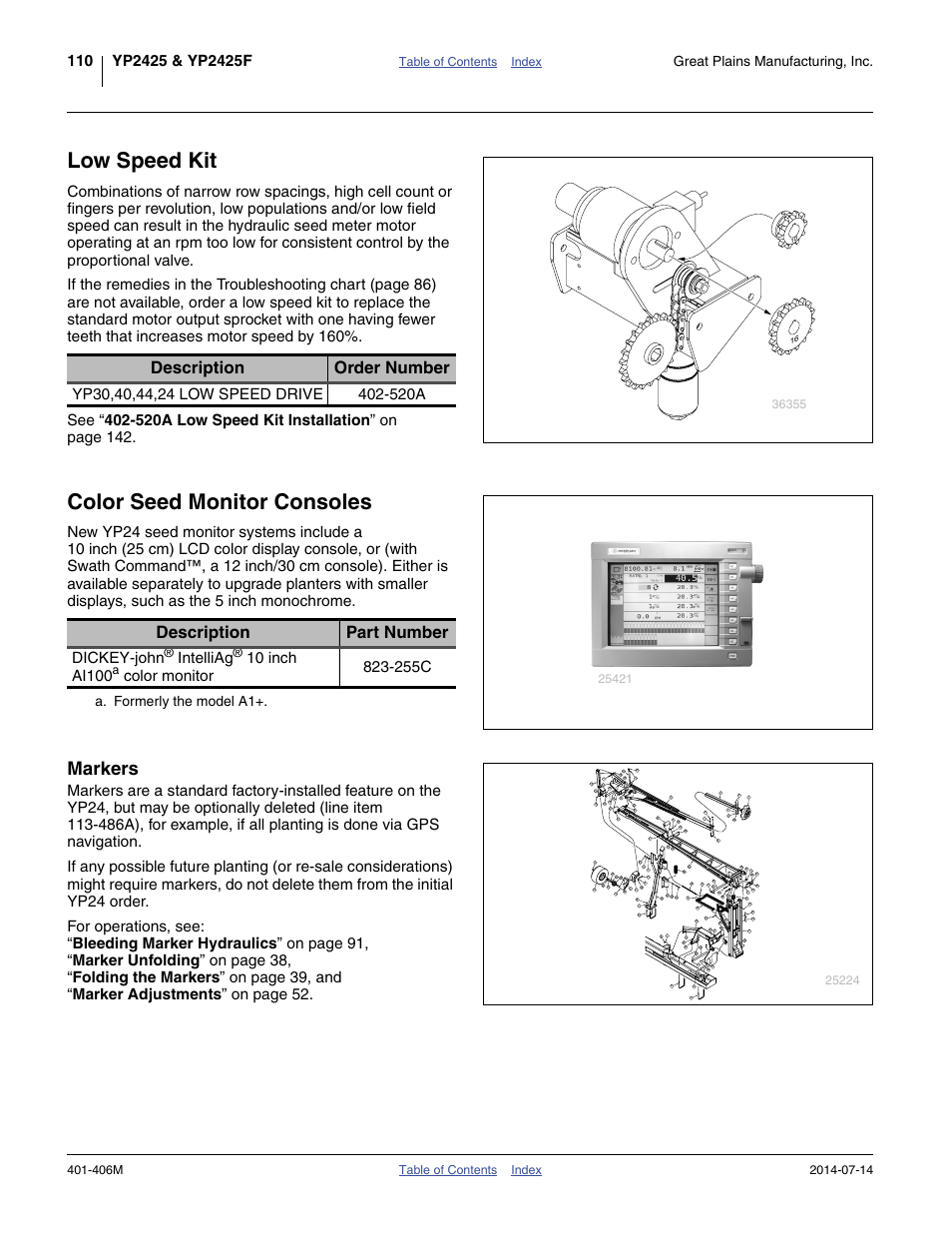 Low speed kit, Color seed monitor consoles, Markers | Description order number, Description part number, Dickey-john, Intelliag, Color monitor, 255c, Great plains manufacturing, inc | Great Plains YP2425F-2470 Operator Manual User Manual | Page 114 / 162
