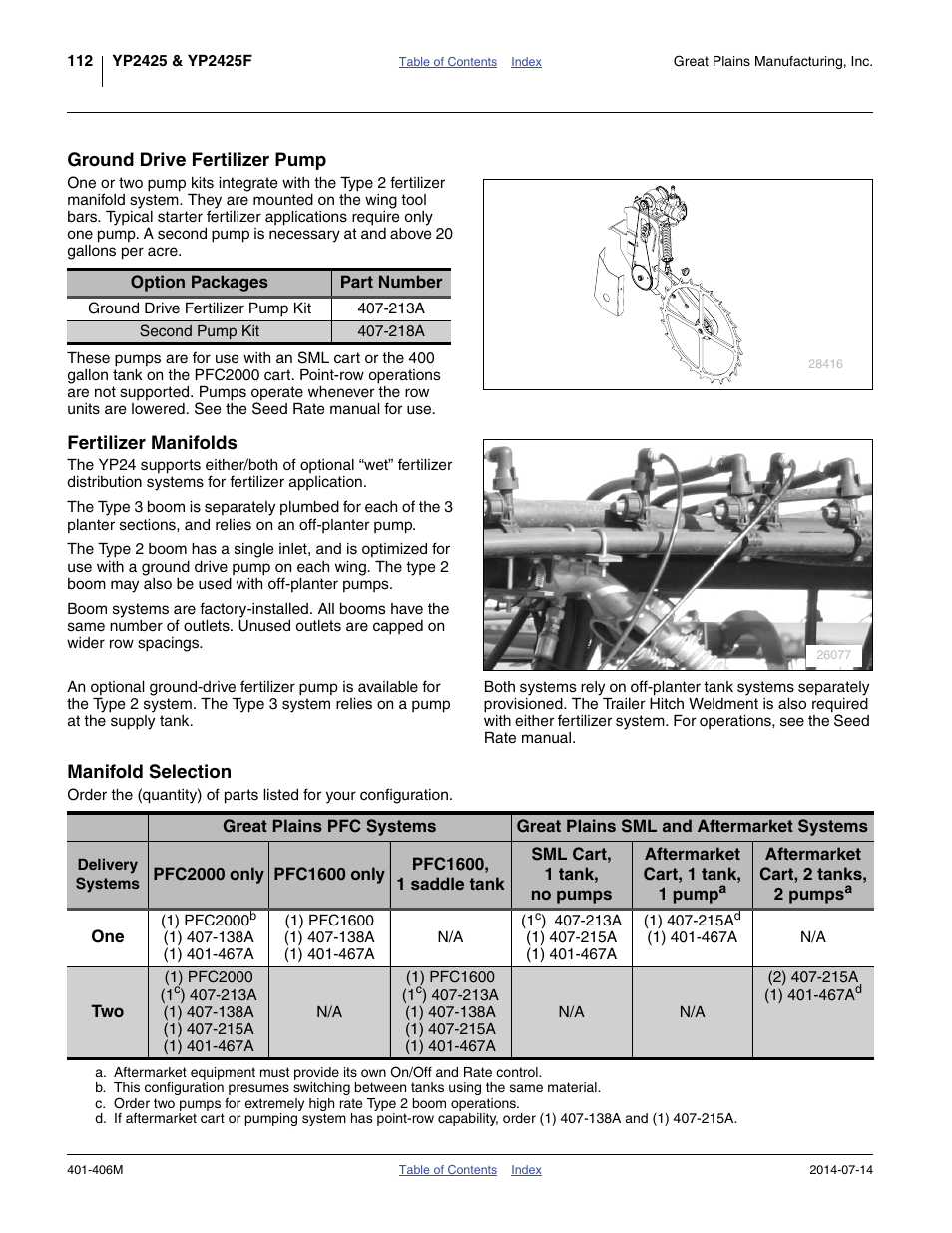 Ground drive fertilizer pump, Fertilizer manifolds, Manifold selection | Great Plains YP2425F-2470 Operator Manual User Manual | Page 116 / 162