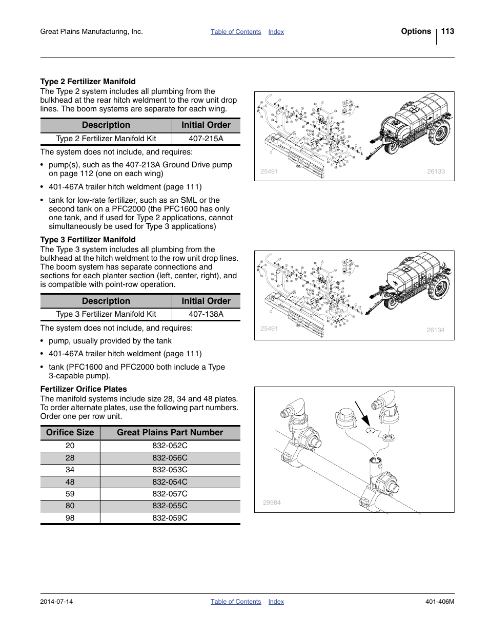 Type 2 fertilizer manifold, Type 3 fertilizer manifold, Fertilizer orifice plates | Great Plains YP2425F-2470 Operator Manual User Manual | Page 117 / 162