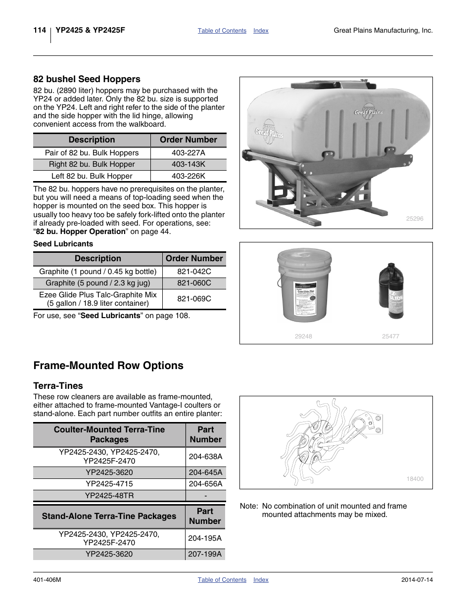 82 bushel seed hoppers, Seed lubricants, Frame-mounted row options | Terra-tines | Great Plains YP2425F-2470 Operator Manual User Manual | Page 118 / 162